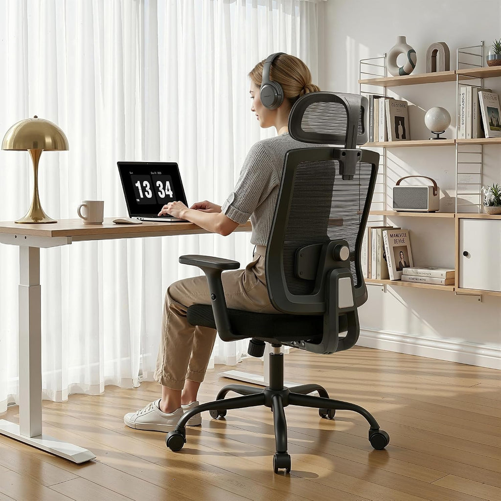Meilocar Ergonomic Office Chair, Office Desk Chair with High Back Mesh and Adjustable Lumbar Support, Rolling Work Chairs with Wheels and Adjustable Headrests, Wide Cushion
