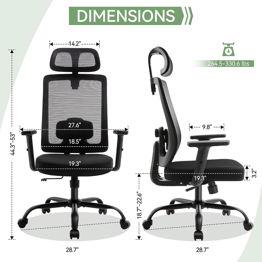 Meilocar Ergonomic Office Chair, Office Desk Chair with High Back Mesh and Adjustable Lumbar Support, Rolling Work Chairs with Wheels and Adjustable Headrests, Wide Cushion