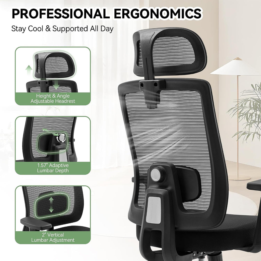 Meilocar Ergonomic Office Chair, Office Desk Chair with High Back Mesh and Adjustable Lumbar Support, Rolling Work Chairs with Wheels and Adjustable Headrests, Wide Cushion