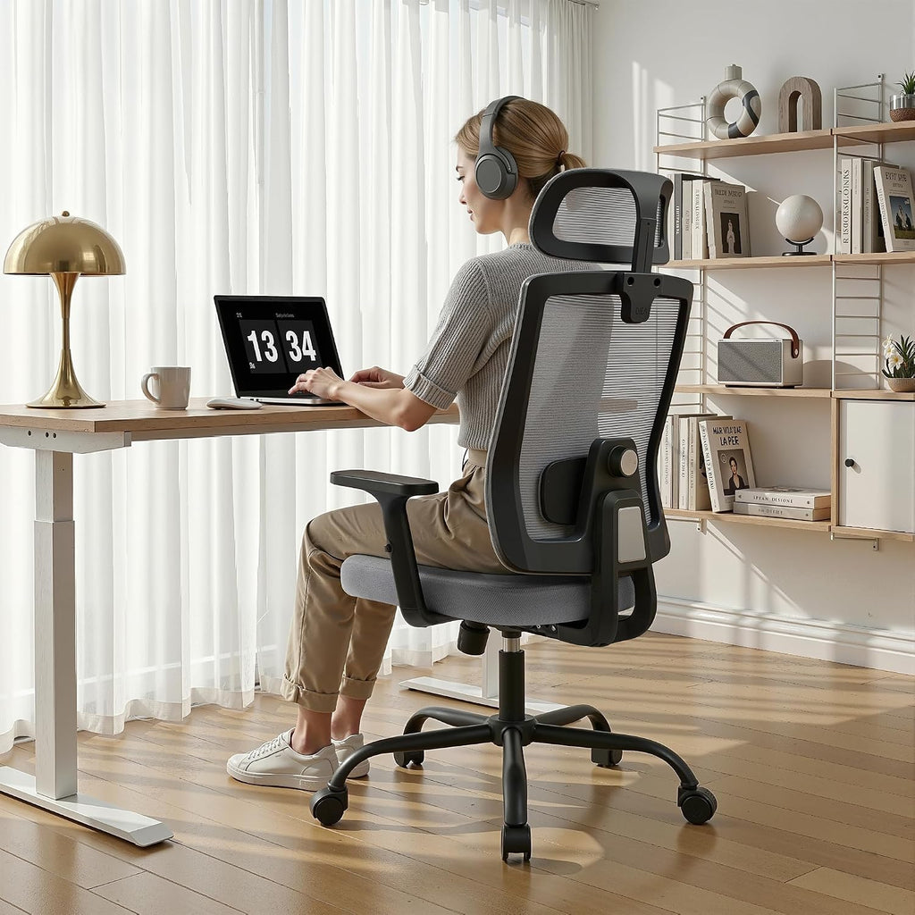 Meilocar Ergonomic Office Chair, Office Desk Chair with High Back Mesh and Adjustable Lumbar Support, Rolling Work Chairs with Wheels and Adjustable Headrests, Wide Cushion