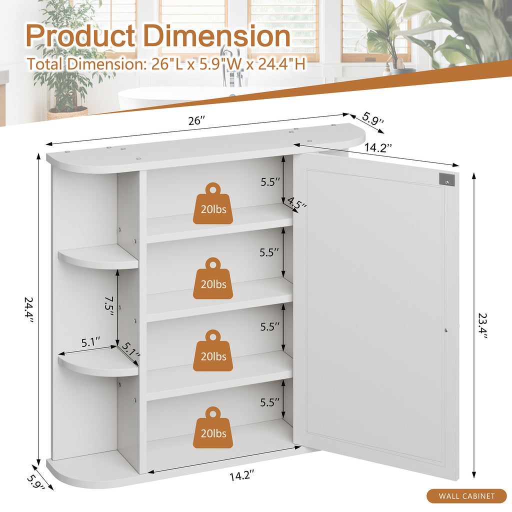 Meilocar Bathroom Medicine Cabinet, Bathroom Mirror Cabinet Wall Mounted with 6 Side Open Shelves, White Wall Cabinet with Mirror