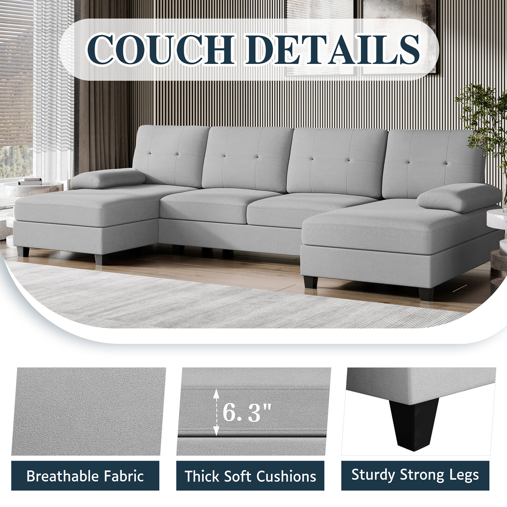 Meilocar Sectional Couches for Living Room, 106 in U Shaped Couch Soft Sectional Sofa with Double Chaise, Comfortable 4 Seat Couch