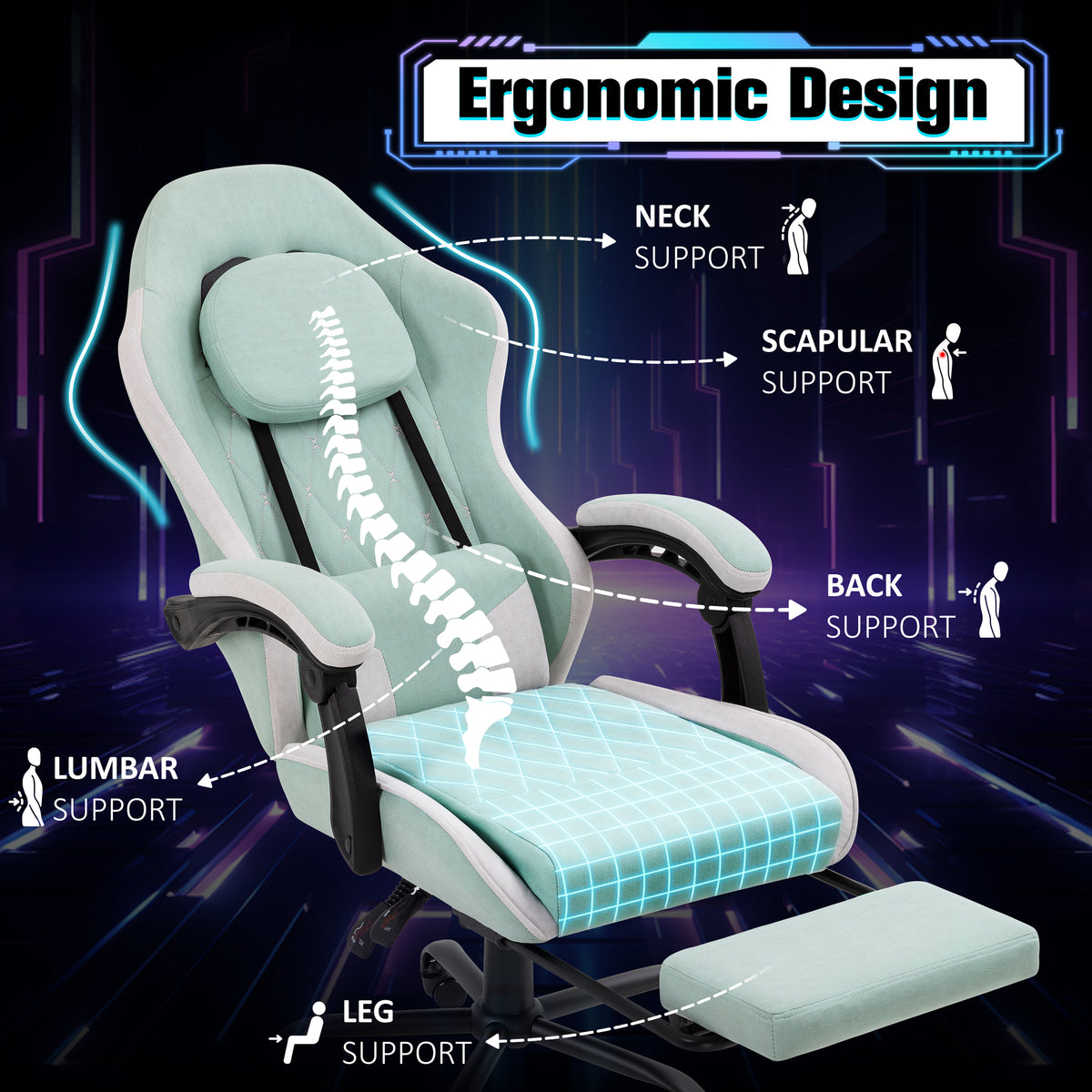 Meilocar Gaming Chair with Footrest, Ergonomic Fabric Desk Chair