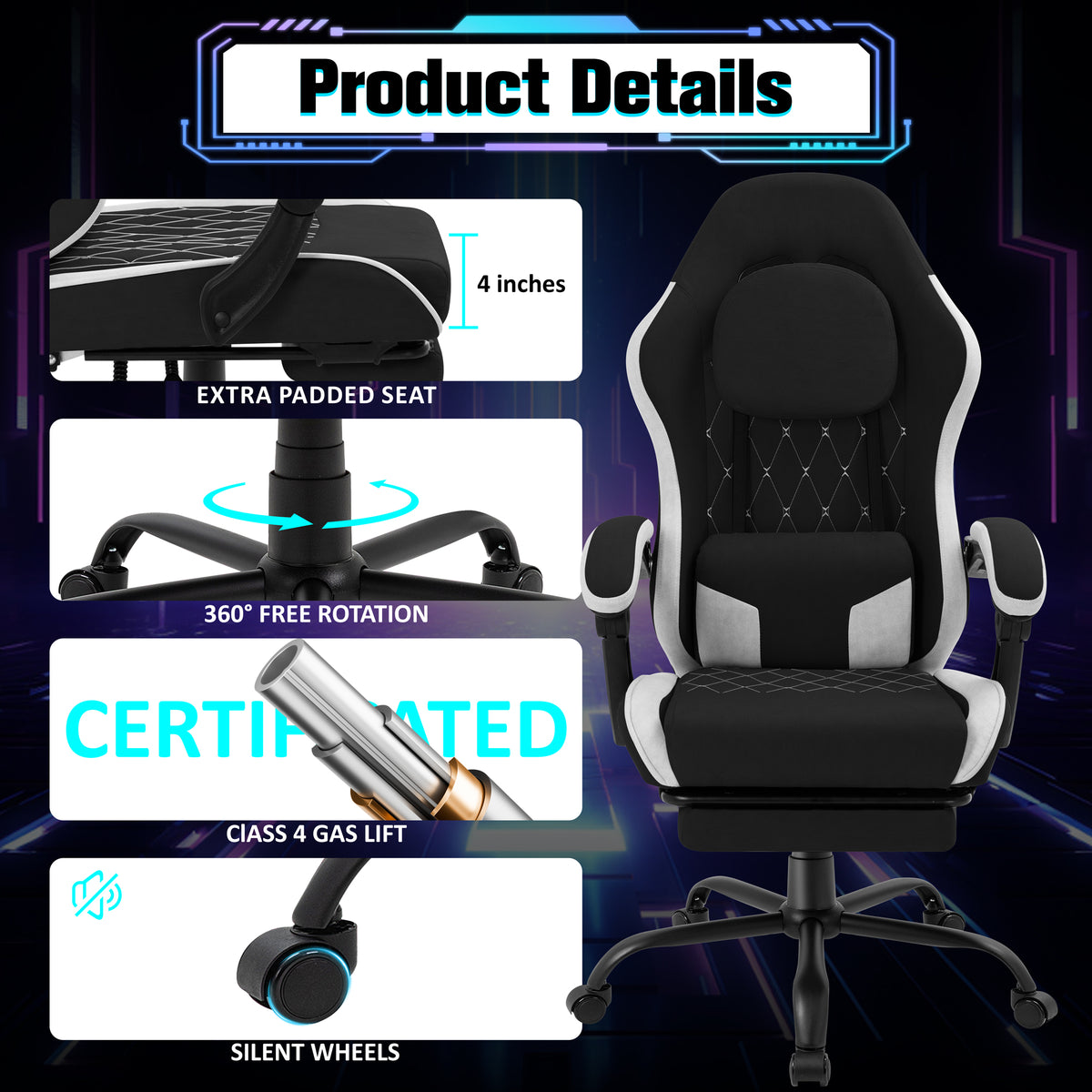 Meilocar Gaming Chair with Footrest, Ergonomic Fabric Desk Chair