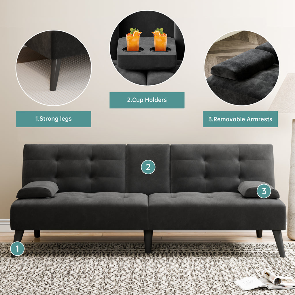 Meilocar 64" Futon Sofa Bed, Small Loveseat, Cup Holders, Small Couch with 3 Adjustable Angles, Removable Armrests, Small Sofa for Apartment, 5.3 FT