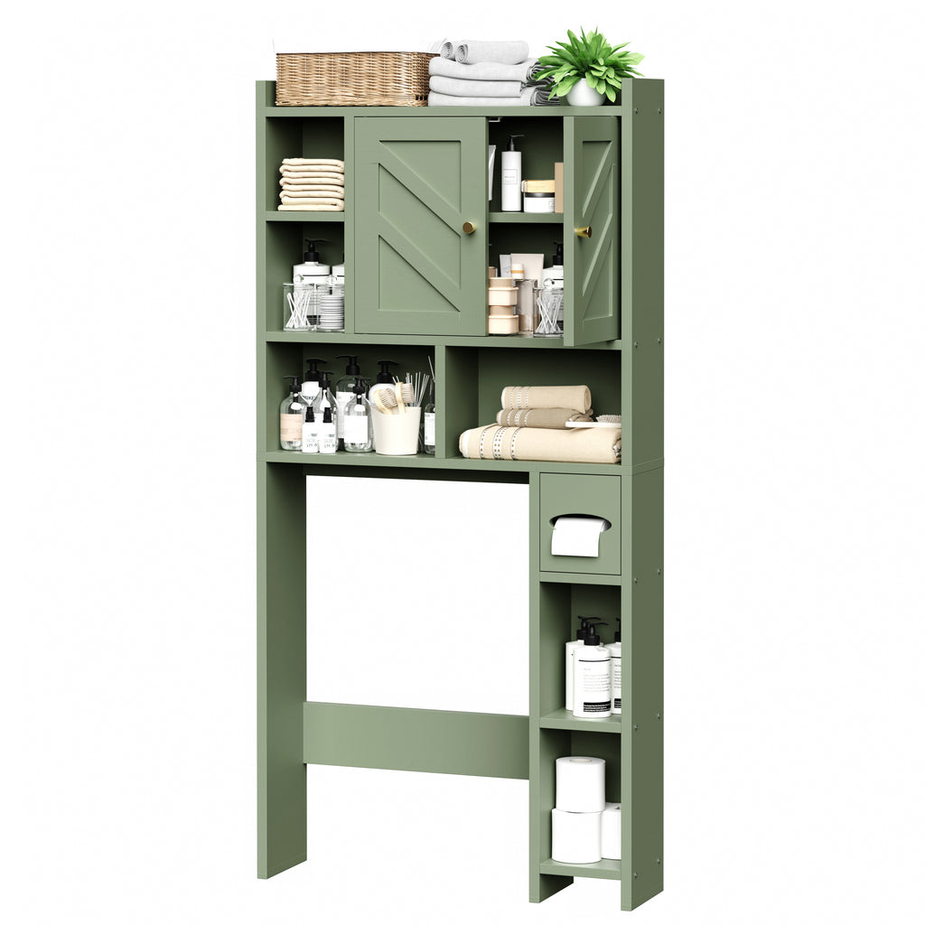 Meilocar 65.4" Over the Toilet Storage Cabinet, 29.1" Wide Bathroom Organizer with Toilet Paper Holder & Adjustable Shelf, Freestanding Space Saving Cabinet for Apartment, Laundry, Green