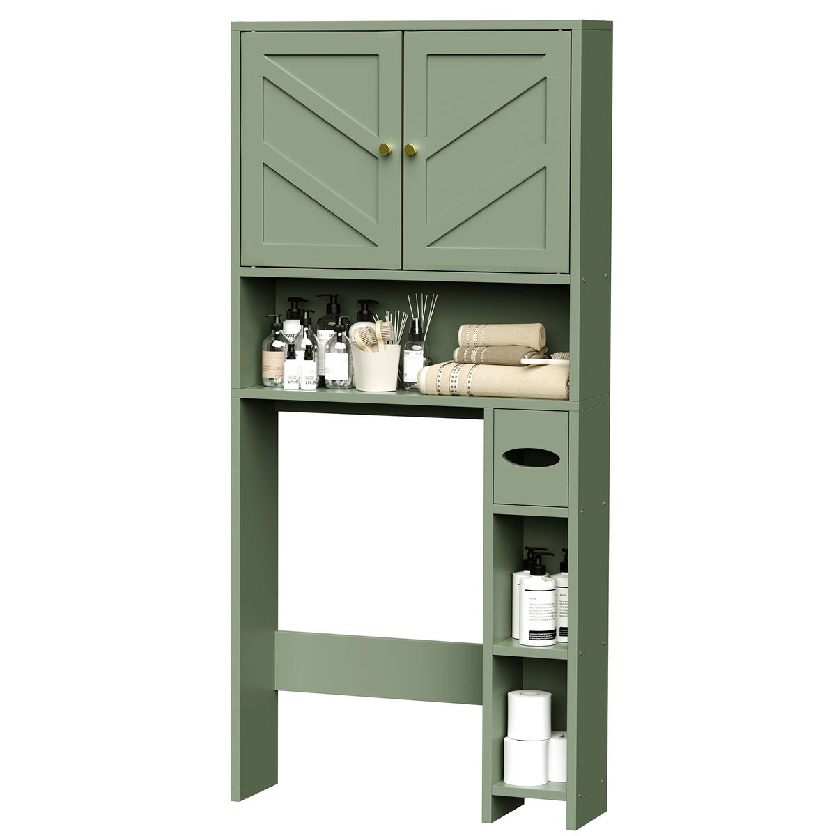 Meilocar 65.4" Over the Toilet Storage Cabinet, 29.1" Wide Bathroom Organizer with Toilet Paper Holder & Adjustable Shelf, Freestanding Space Saving Cabinet for Apartment, Laundry, Green