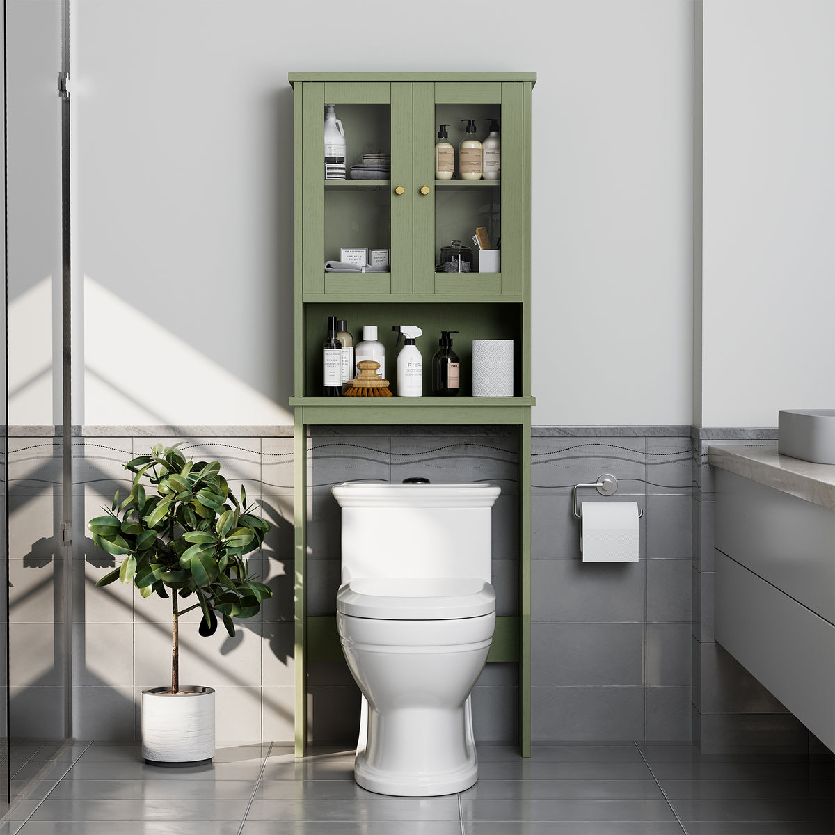 Meilocar Over the Toilet Storage Cabinet, Bathroom Storage Cabinet, 65.4 Inch Space Saver, Storage Organizer Over Toilet with Glass Doors and Adjustable Shelf