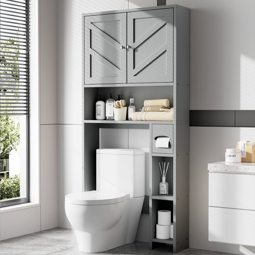 Meilocar Over Toilet Storage Cabinet with Toilet Paper Holder Stand, Freestanding Bathroom Storage Cabinet Over Toilet Organizer Space Saver W/Adjustable Shelf,