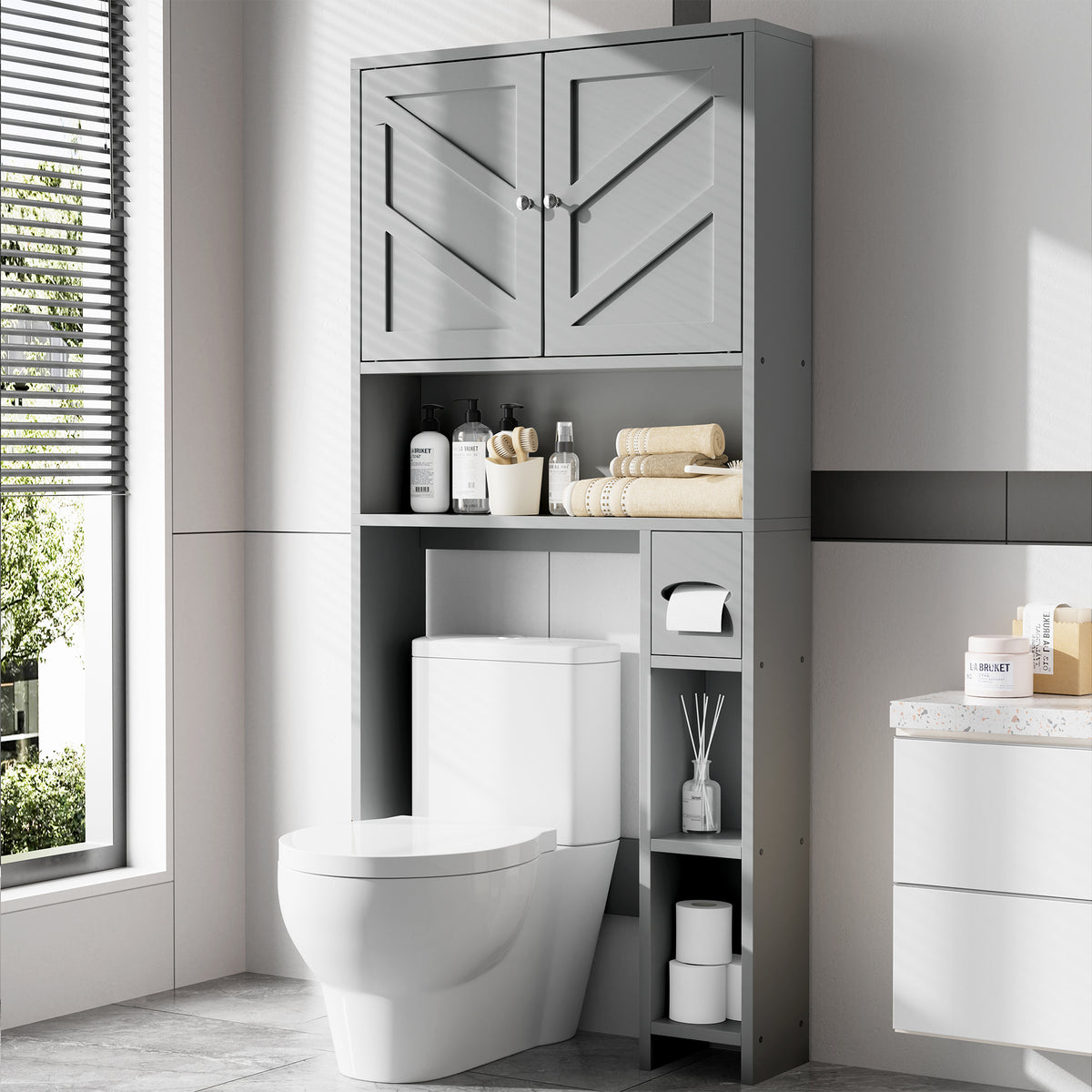 Meilocar Over Toilet Storage Cabinet with Toilet Paper Holder Stand, Freestanding Bathroom Storage Cabinet Over Toilet Organizer Space Saver W/Adjustable Shelf,
