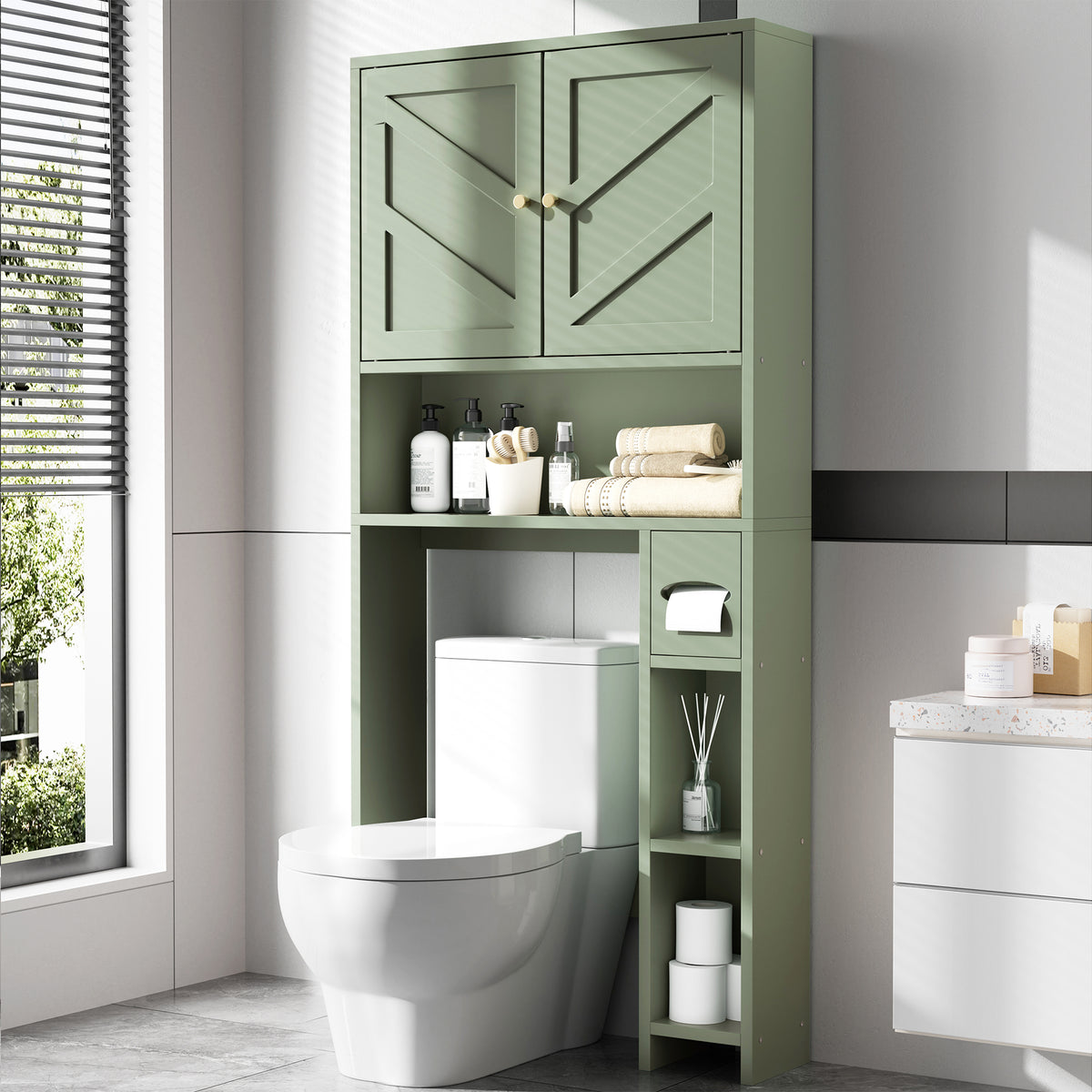 Meilocar 65.4" Over the Toilet Storage Cabinet, 29.1" Wide Bathroom Organizer with Toilet Paper Holder & Adjustable Shelf, Freestanding Space Saving Cabinet for Apartment, Laundry, Green