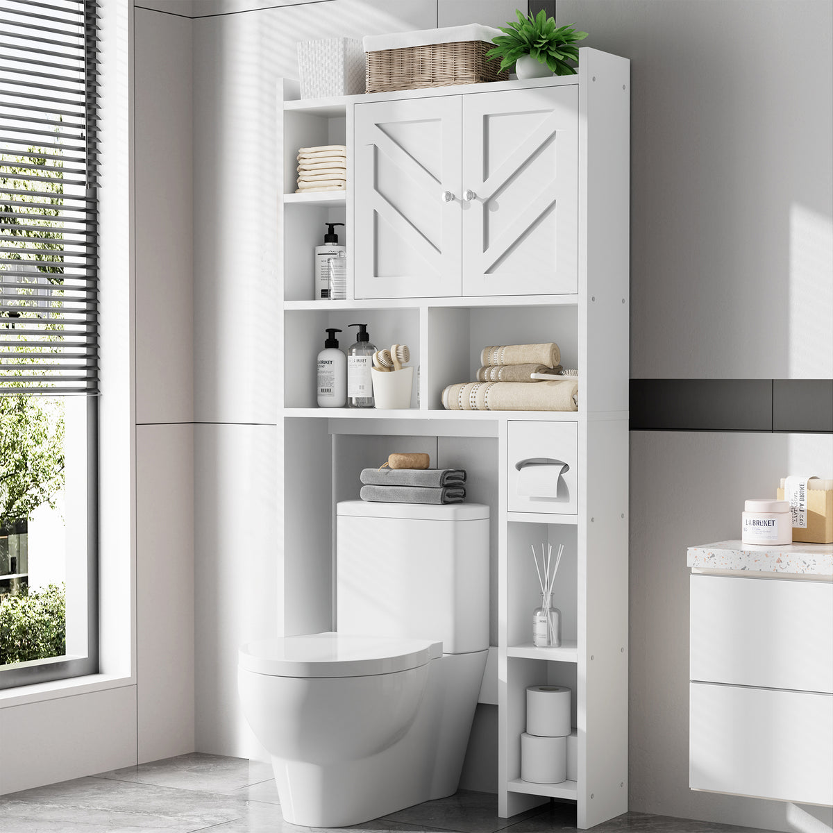 Meilocar Over the Toilet Storage Cabinet, Freestanding Storage Cabinet Over Toilet, Bathroom Storages Organizer Cabinets with Toilet Paper Holder Stand and Adjustable Shelf