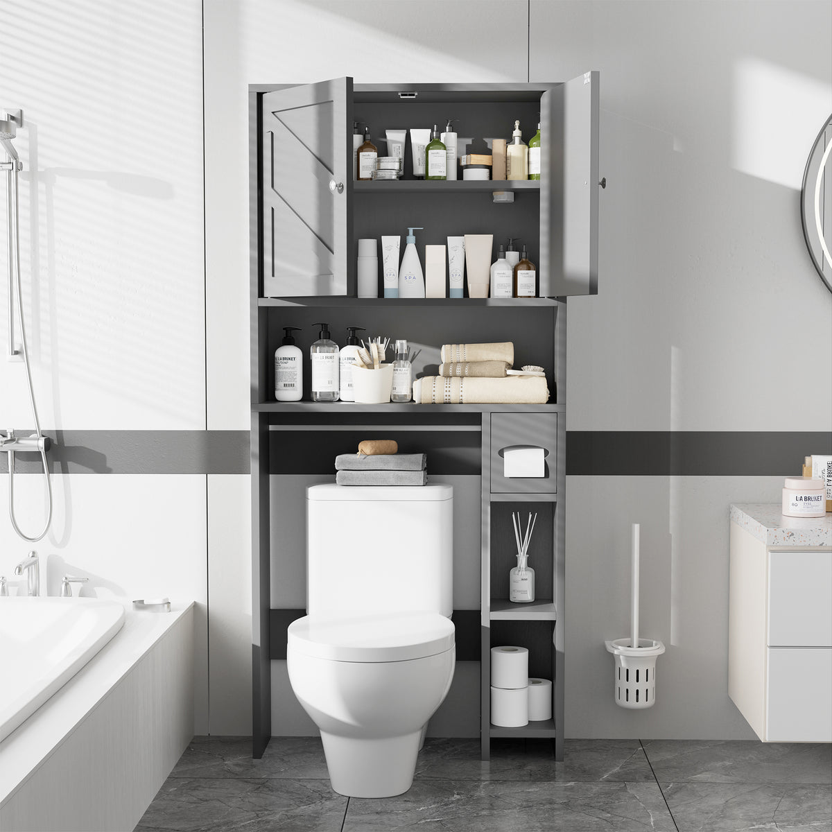 Meilocar Over Toilet Storage Cabinet with Toilet Paper Holder Stand, Freestanding Bathroom Storage Cabinet Over Toilet Organizer Space Saver W/Adjustable Shelf,