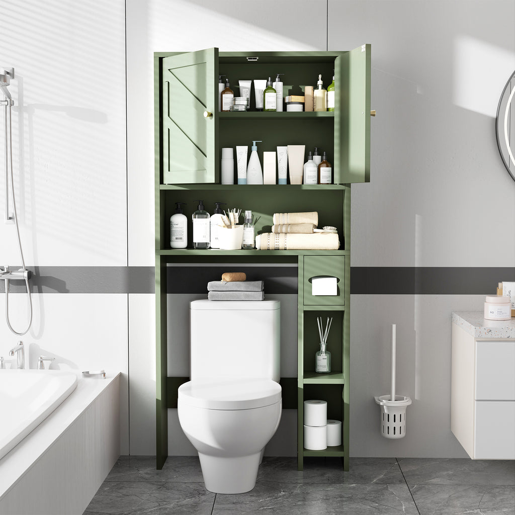 Meilocar 65.4" Over the Toilet Storage Cabinet, 29.1" Wide Bathroom Organizer with Toilet Paper Holder & Adjustable Shelf, Freestanding Space Saving Cabinet for Apartment, Laundry, Green