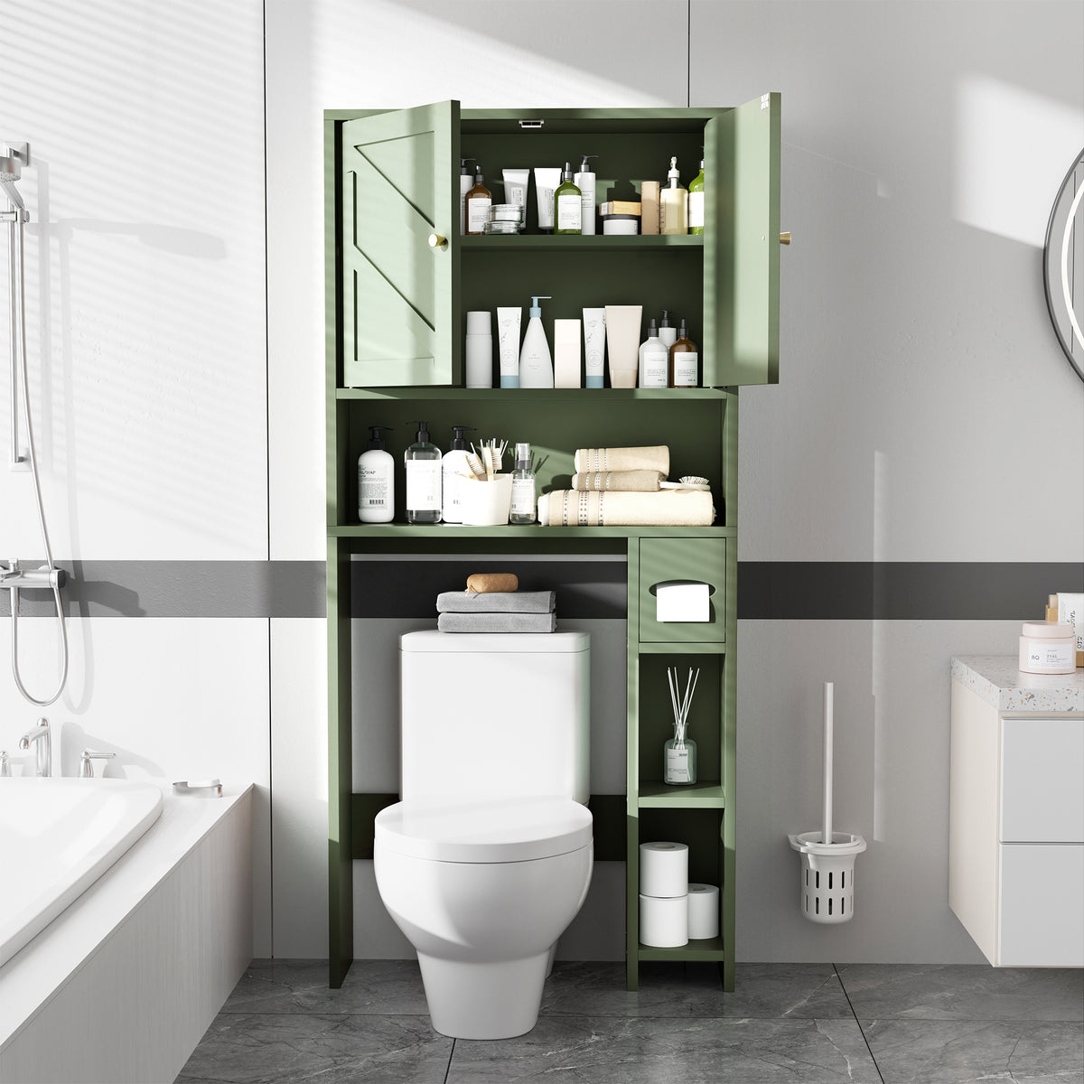 Meilocar 65.4" Over the Toilet Storage Cabinet, 29.1" Wide Bathroom Organizer with Toilet Paper Holder & Adjustable Shelf, Freestanding Space Saving Cabinet for Apartment, Laundry, Green