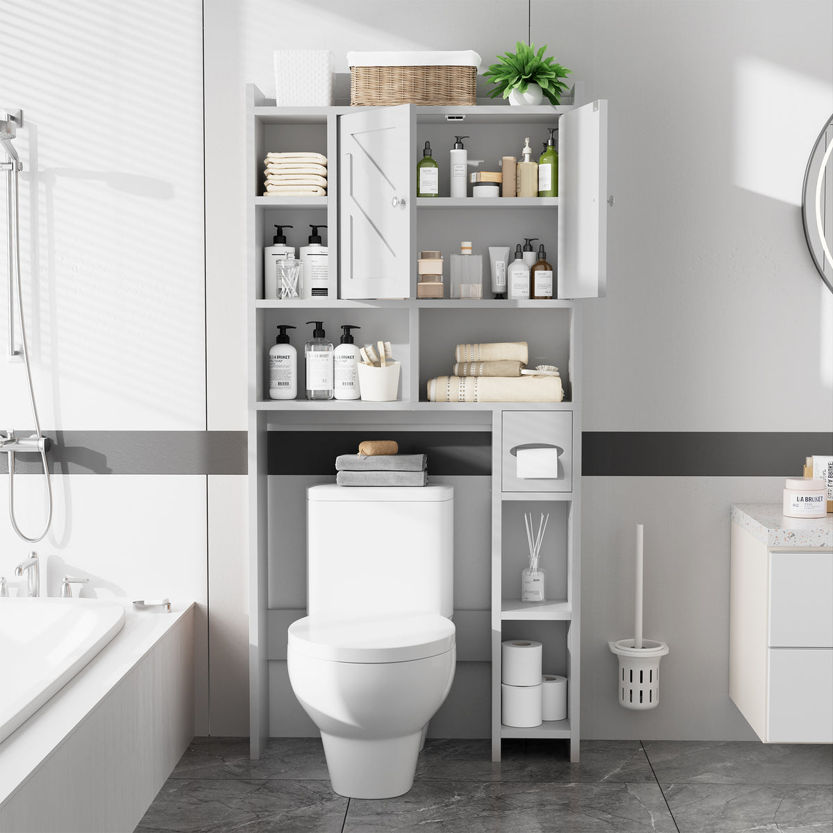 Meilocar Over the Toilet Storage Cabinet, Freestanding Storage Cabinet Over Toilet, Bathroom Storages Organizer Cabinets with Toilet Paper Holder Stand and Adjustable Shelf