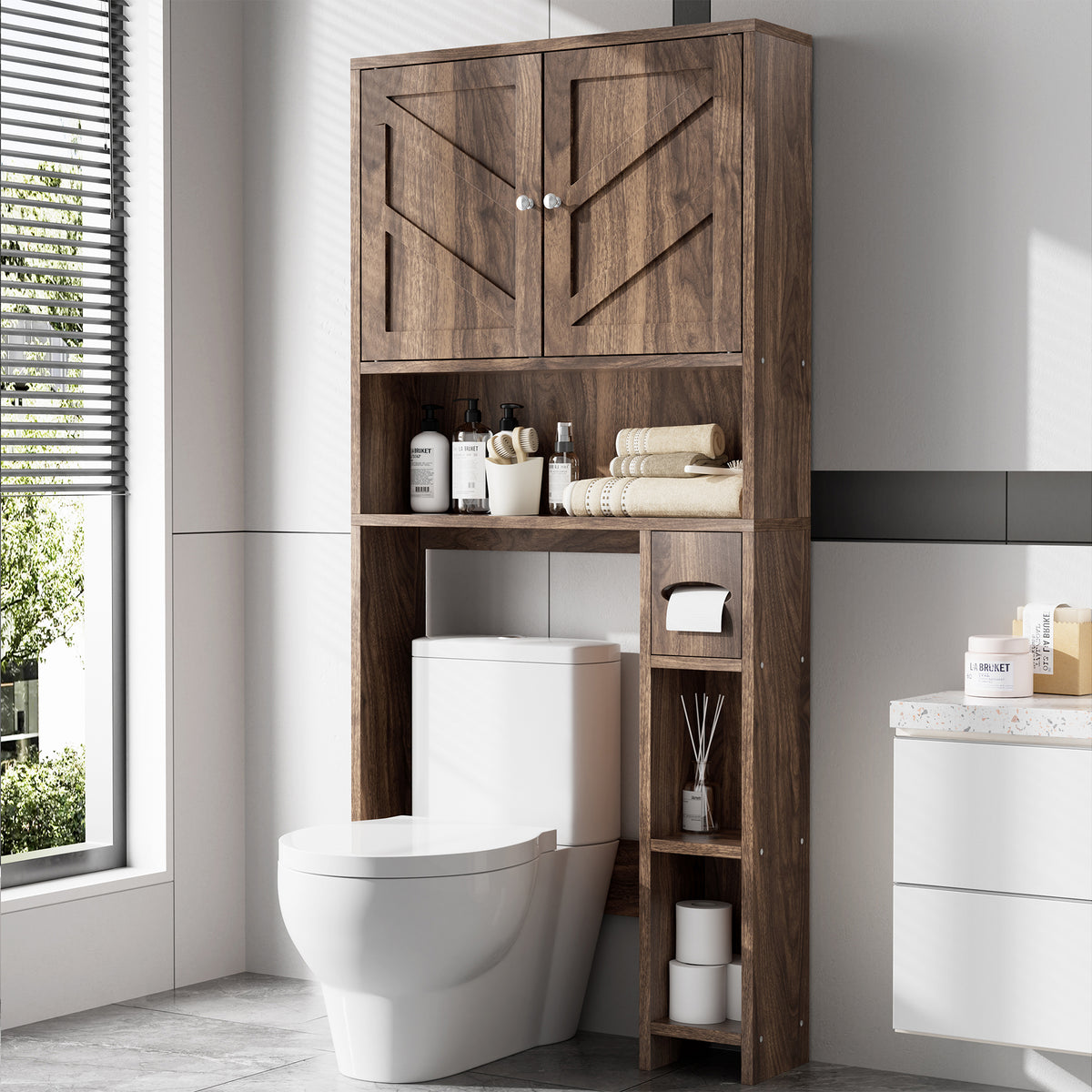 Meilocar Over Toilet Storage Cabinet with Toilet Paper Holder Stand, Freestanding Bathroom Storage Cabinet Over Toilet Organizer Space Saver W/Adjustable Shelf,
