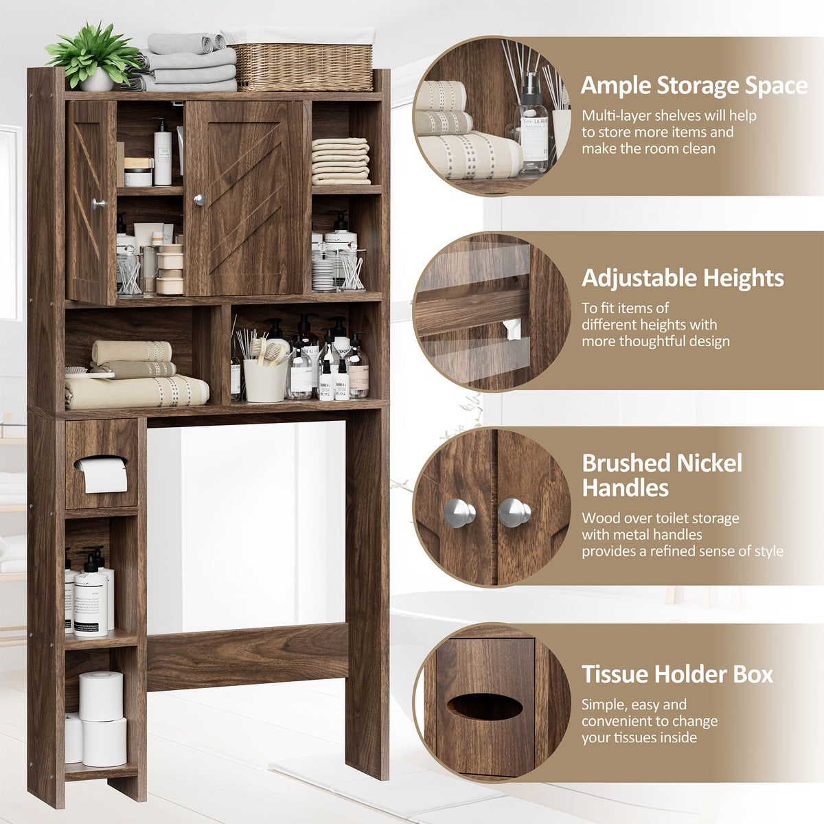 Meilocar Over the Toilet Storage Cabinet, Freestanding Storage Cabinet Over Toilet, Bathroom Storages Organizer Cabinets with Toilet Paper Holder Stand and Adjustable Shelf， Walnut