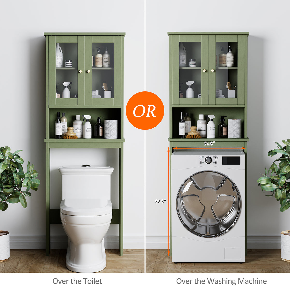 Meilocar Over the Toilet Storage Cabinet, Bathroom Storage Cabinet, 65.4 Inch Space Saver, Storage Organizer Over Toilet with Glass Doors and Adjustable Shelf