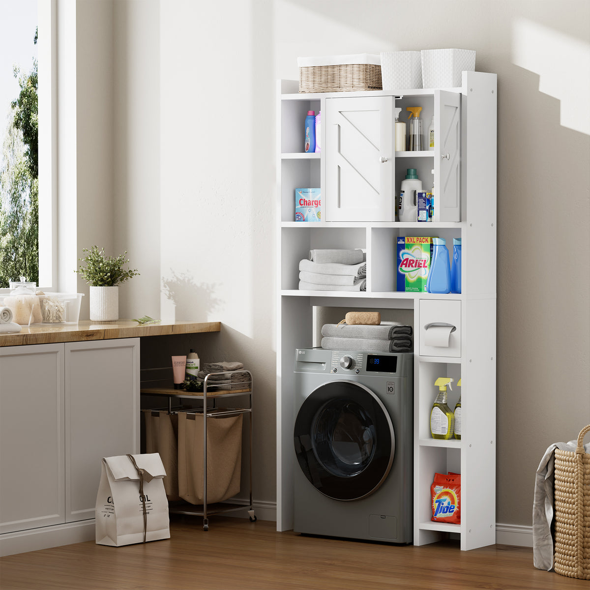 Meilocar Over the Toilet Storage Cabinet, Freestanding Storage Cabinet Over Toilet, Bathroom Storages Organizer Cabinets with Toilet Paper Holder Stand and Adjustable Shelf