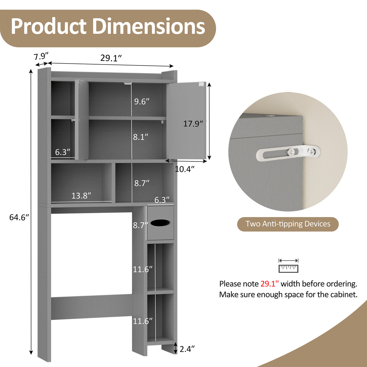 Meilocar Over the Toilet Storage Cabinet, Freestanding Storage Cabinet Over Toilet, Bathroom Storages Organizer Cabinets with Toilet Paper Holder Stand and Adjustable Shelf