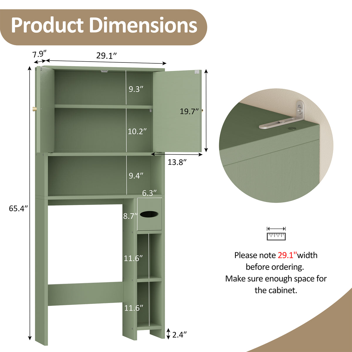 Meilocar 65.4" Over the Toilet Storage Cabinet, 29.1" Wide Bathroom Organizer with Toilet Paper Holder & Adjustable Shelf, Freestanding Space Saving Cabinet for Apartment, Laundry, Green