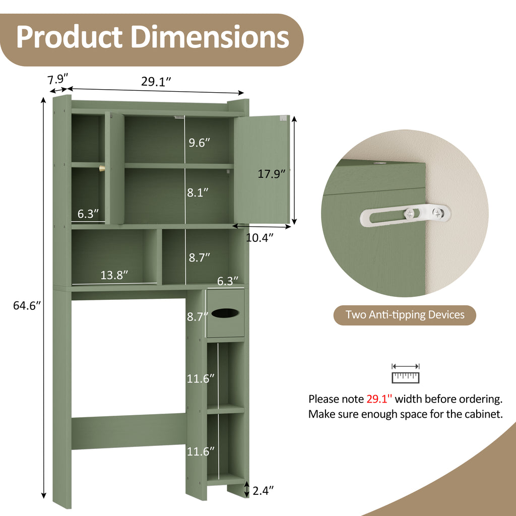 Meilocar 65.4" Over the Toilet Storage Cabinet, 29.1" Wide Bathroom Organizer with Toilet Paper Holder & Adjustable Shelf, Freestanding Space Saving Cabinet for Apartment, Laundry, Green