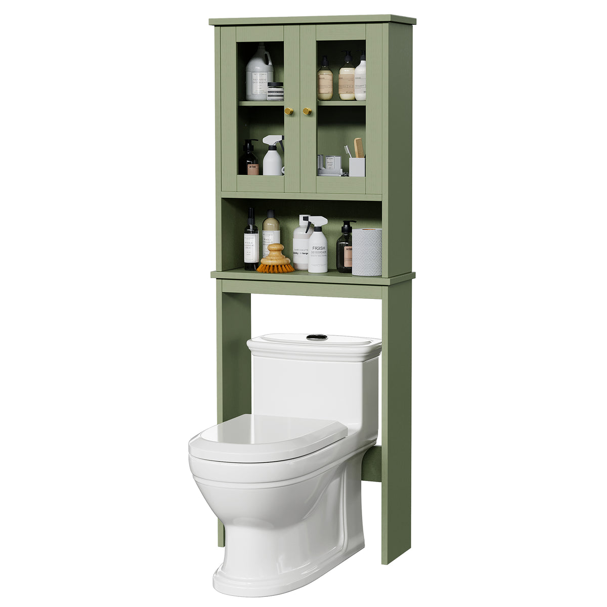 Meilocar Over the Toilet Storage Cabinet, Bathroom Storage Cabinet, 65.4 Inch Space Saver, Storage Organizer Over Toilet with Glass Doors and Adjustable Shelf