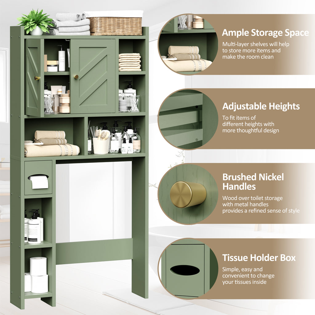 Meilocar 65.4" Over the Toilet Storage Cabinet, 29.1" Wide Bathroom Organizer with Toilet Paper Holder & Adjustable Shelf, Freestanding Space Saving Cabinet for Apartment, Laundry, Green