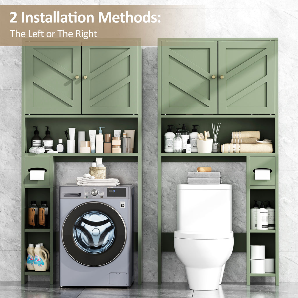 Meilocar 65.4" Over the Toilet Storage Cabinet, 29.1" Wide Bathroom Organizer with Toilet Paper Holder & Adjustable Shelf, Freestanding Space Saving Cabinet for Apartment, Laundry, Green
