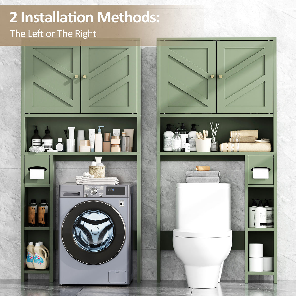 Meilocar 65.4" Over the Toilet Storage Cabinet, 29.1" Wide Bathroom Organizer with Toilet Paper Holder & Adjustable Shelf, Freestanding Space Saving Cabinet for Apartment, Laundry, Green
