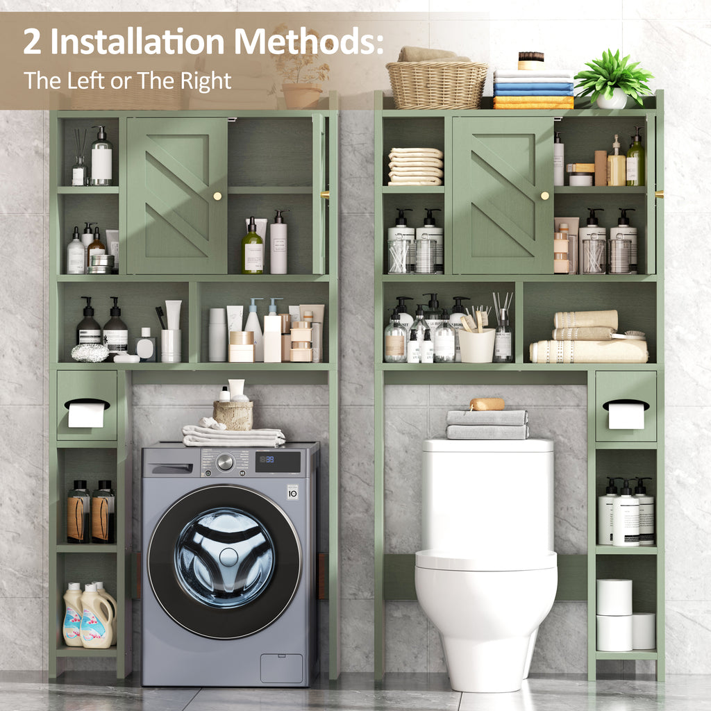 Meilocar 65.4" Over the Toilet Storage Cabinet, 29.1" Wide Bathroom Organizer with Toilet Paper Holder & Adjustable Shelf, Freestanding Space Saving Cabinet for Apartment, Laundry, Green