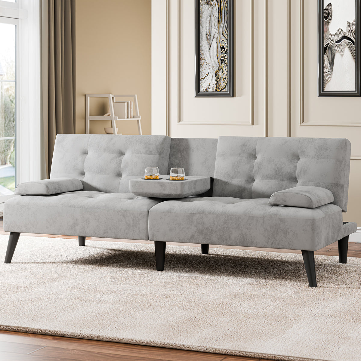 Meilocar 64" Futon Sofa Bed, Small Loveseat, Cup Holders, Small Couch with 3 Adjustable Angles, Removable Armrests, Small Sofa for Apartment, 5.3 FT
