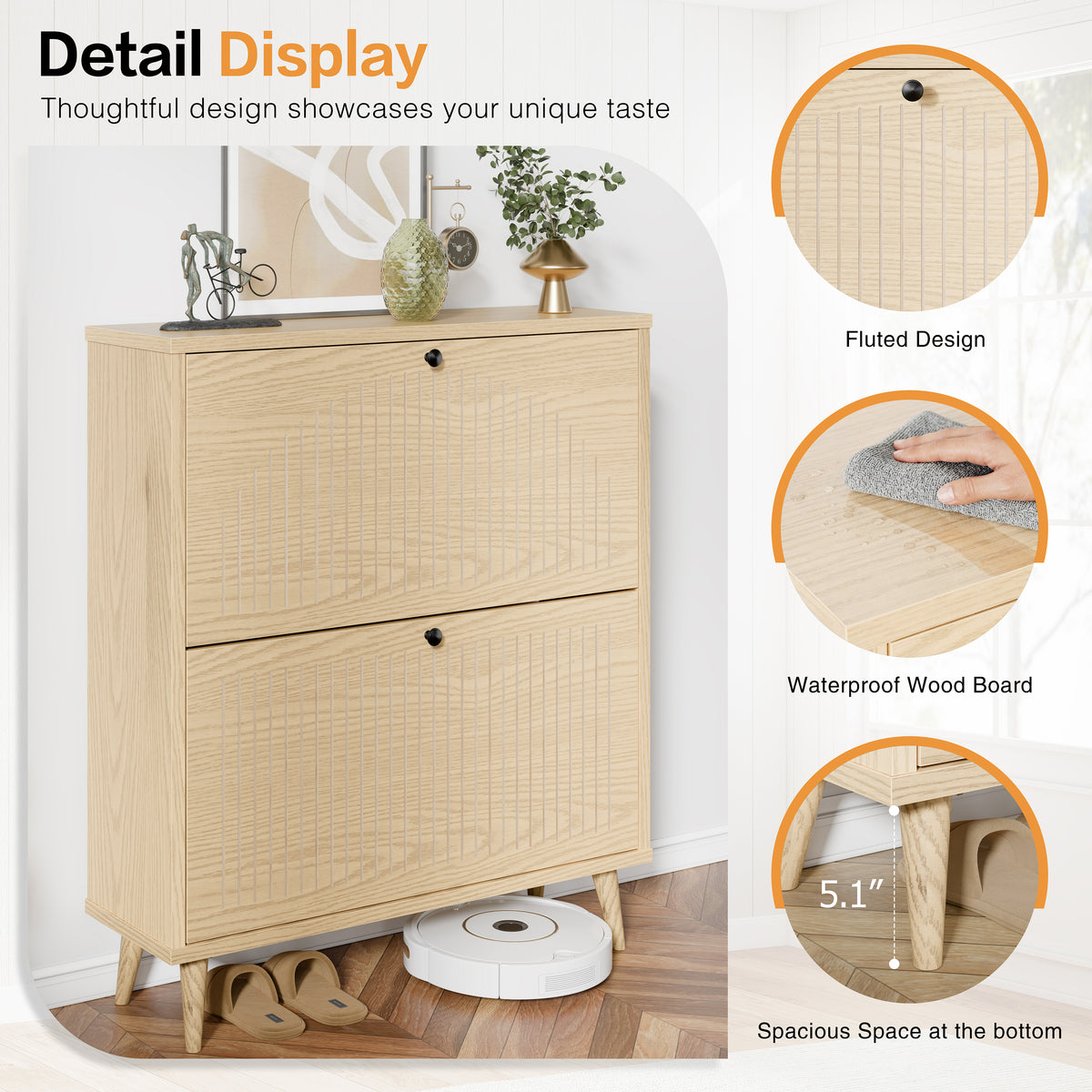 Shoe Cabinet with 2 Flip Drawers, Freestanding Wooden Shoe Storage Cabinet, Modern Fluted Shoe Organizer with Fluted Doors for Entryway, Hallway