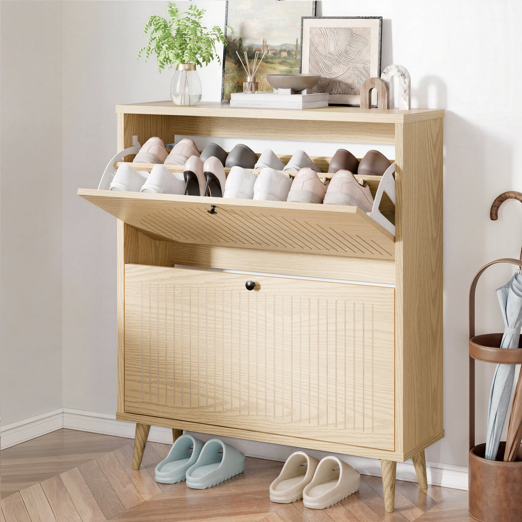 Shoe Cabinet with 2 Flip Drawers, Freestanding Wooden Shoe Storage Cabinet, Modern Fluted Shoe Organizer with Fluted Doors for Entryway, Hallway