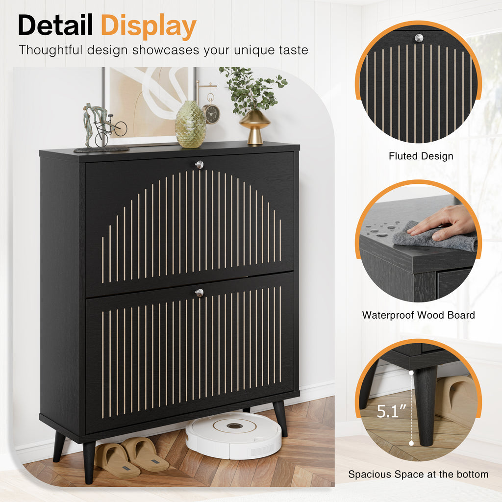 Shoe Cabinet with 2 Flip Drawers, Freestanding Wooden Shoe Storage Cabinet, Modern Fluted Shoe Organizer with Fluted Doors for Entryway, Hallway