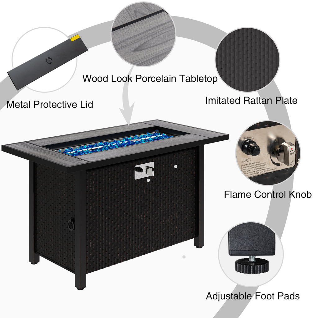 45in Fire Table, Propane Fire Pit with Glass Wind Guard and Rain Cover, Outdoor Firepit Table 50000 BTU 3-in-1 Fire Table for Patio/Yard/Balcony