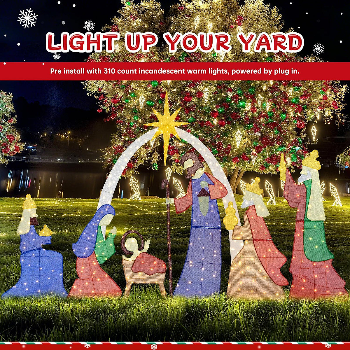 Meilocar 6FT Lighted Nativity Scene Outdoor Christmas Decoration, 4 PC Set Pre-Lit Holy Family Set Mary Joseph Jesus North Star with 240 LED Lights for Lawn Yard Patio