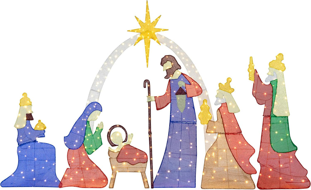 Meilocar 6FT Lighted Nativity Scene Outdoor Christmas Decoration, 4 PC Set Pre-Lit Holy Family Set Mary Joseph Jesus North Star with 240 LED Lights for Lawn Yard Patio