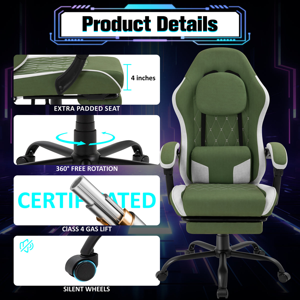 Meilocar Gaming Chair with Footrest, Ergonomic Fabric Desk Chair