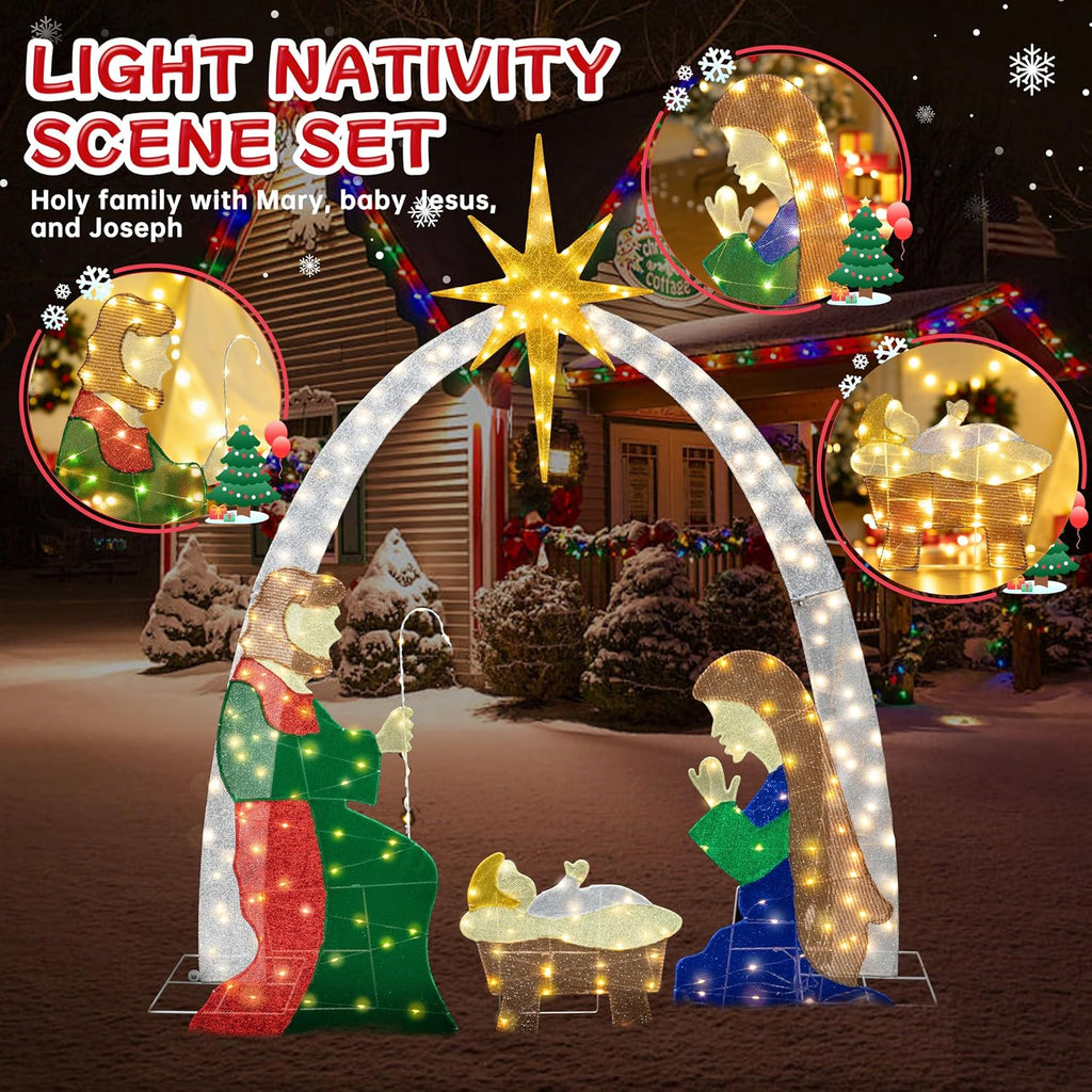 Meilocar 6FT Lighted Nativity Scene Outdoor Christmas Decoration, 4 PC Set Pre-Lit Holy Family Set Mary Joseph Jesus North Star with 240 LED Lights for Lawn Yard Patio