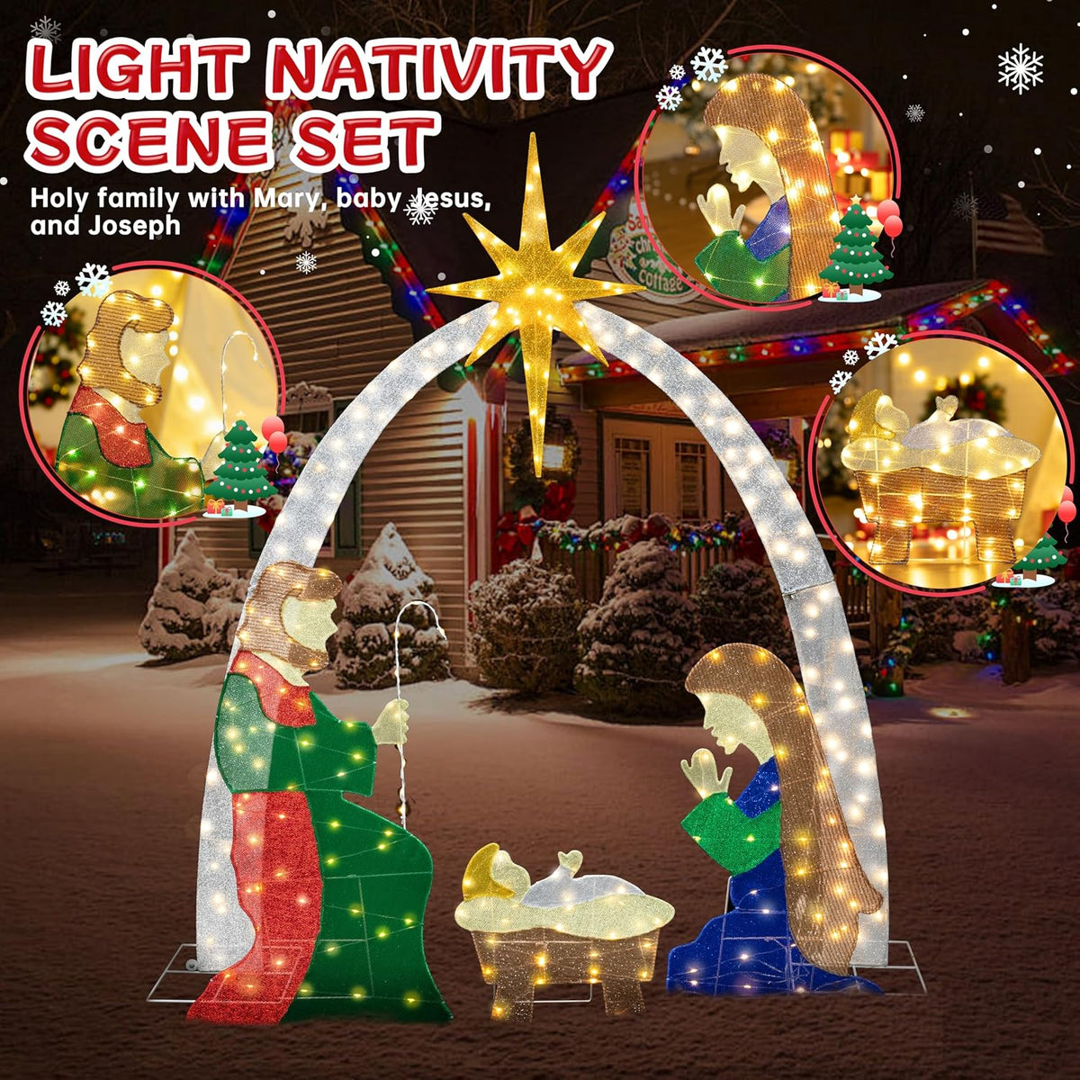 Meilocar 6FT Lighted Nativity Scene Outdoor Christmas Decoration, 4 PC Set Pre-Lit Holy Family Set Mary Joseph Jesus North Star with 240 LED Lights for Lawn Yard Patio