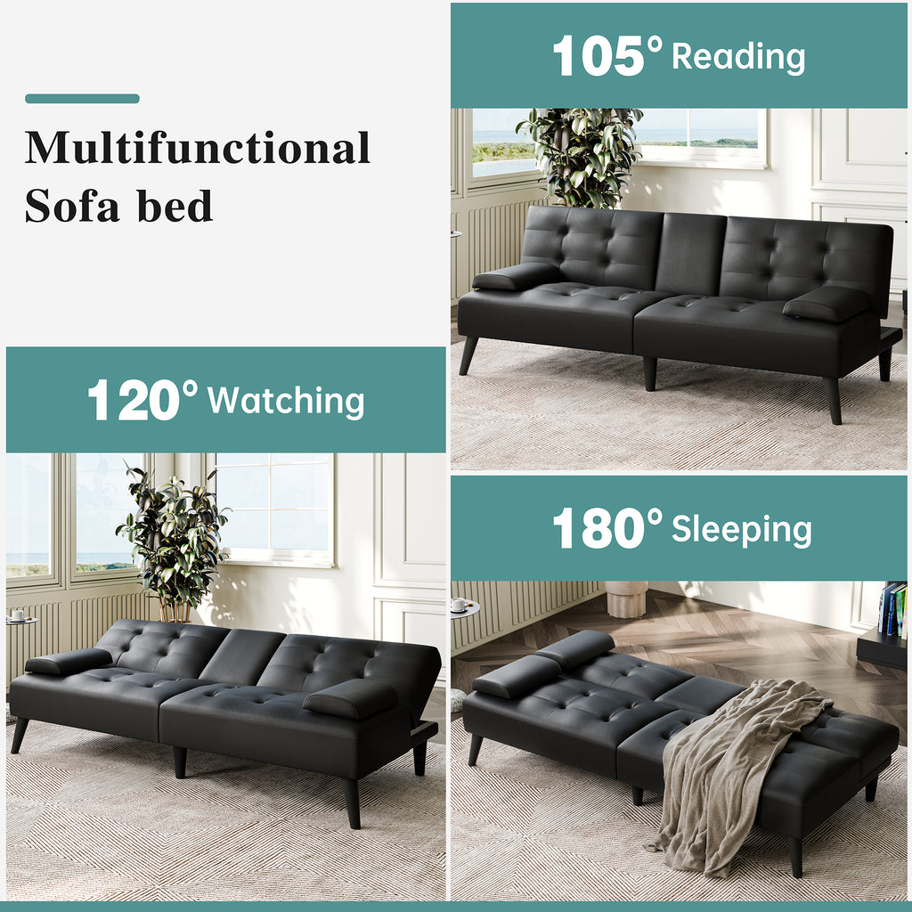 64" Futon Sofa Bed, Small Couch with 2 Cup Holders, PU Leather, Black