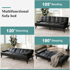 64" Futon Sofa Bed, Small Couch with 2 Cup Holders, PU Leather, Black