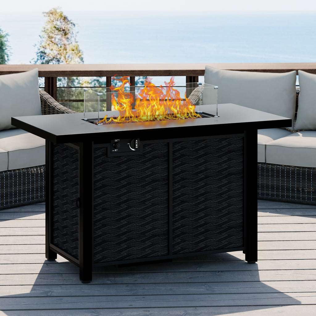 Meilocar Propane Fire Table, 43 in Outdoor Fire Pit Table with Lava Rocks, 50,000 BTU Rectangular Fire Table with Lid and Rain Cover, 2-in-1 Firepit Table for Patio, Backyard, Balcony