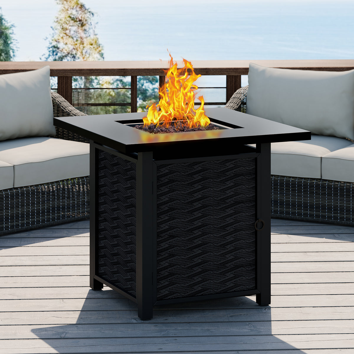 Meilocar Propane Fire Table, 43 in Outdoor Fire Pit Table with Lava Rocks, 50,000 BTU Rectangular Fire Table with Lid and Rain Cover, 2-in-1 Firepit Table for Patio, Backyard, Balcony