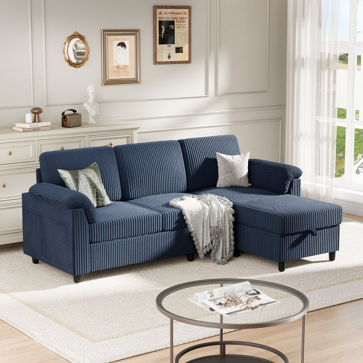 Meilocar Sectional Couch for Living Room, 79in Sectional Sofa with Ottoman, L Shaped Couch with Armrests Side Storage Pockage, 3-Seat Sofa Couches for Apartment, Black