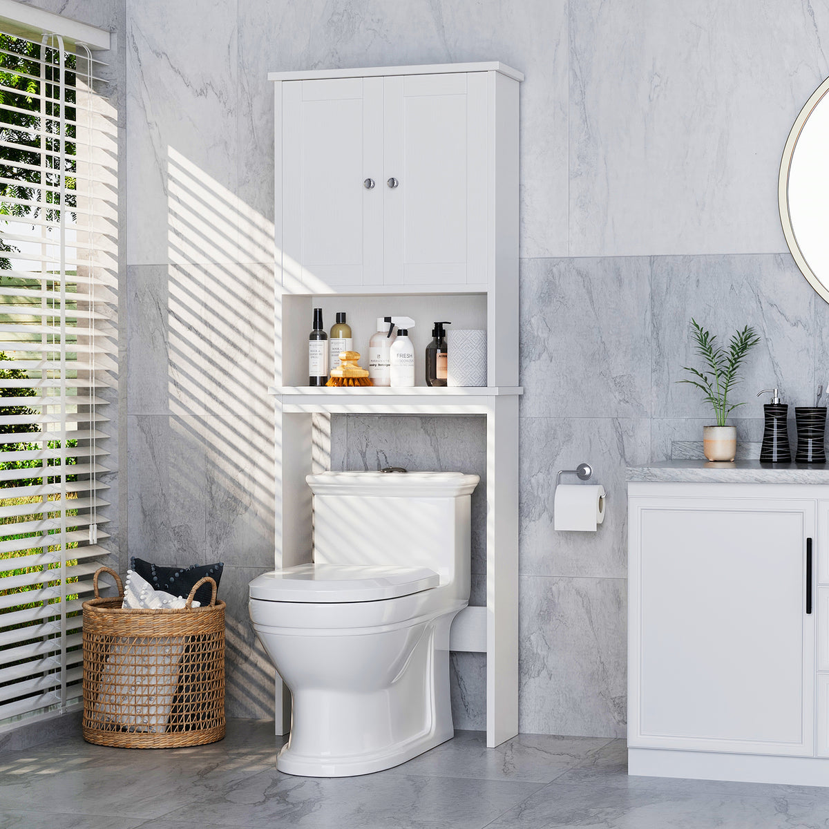 Meilocar Over the Toilet Storage Cabinet, Bathroom Storage Organizer Over Toilet, Space Saver W/Adjustable Shelf & Open Shelf