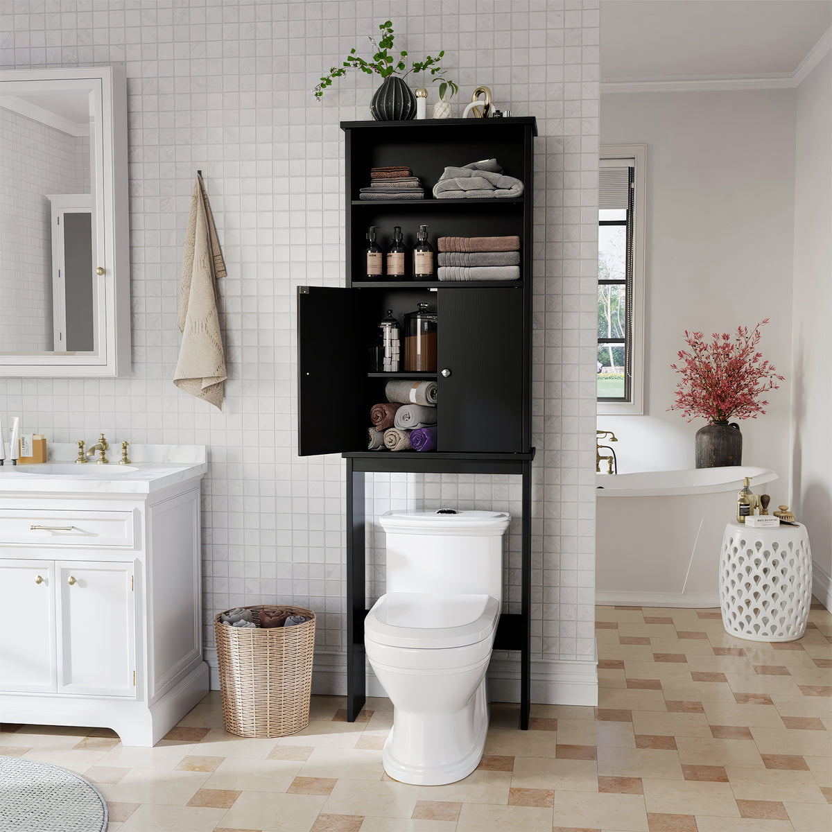 Meilocar Over the Toilet Storage Cabinet for Bathroom, 75in Black Over Toilet Cabinet Freestanding Storage Organizer, Space Saver with Doors and Adjustable Shelf