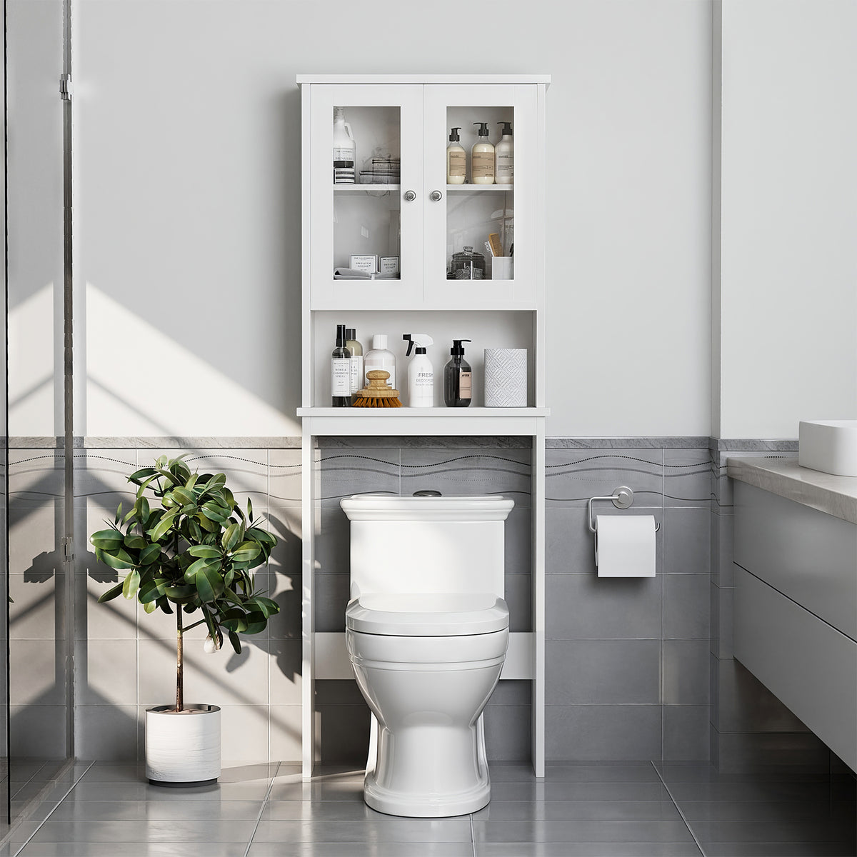 Meilocar Over the Toilet Storage Cabinet, Bathroom Storage Cabinet, 65.4 Inch Space Saver, Storage Organizer Over Toilet with Glass Doors and Adjustable Shelf